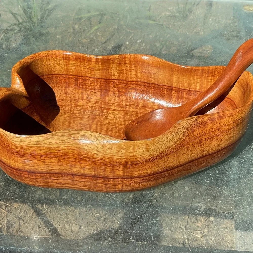 Handmade Hawaiian Wooden Bowl and Spoon Set, Signed - Picture 2 of 10
